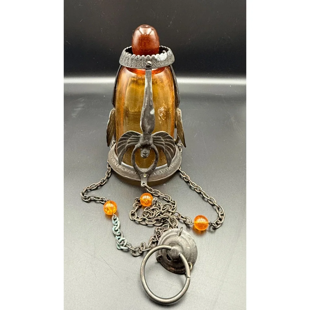 Hanging Metal Art Deco Sanctuary Vigil Lamp Candle Holder Amber Glass Wing Angel